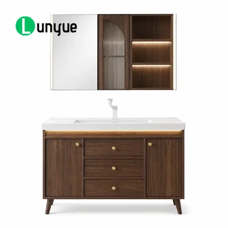 Medieval Style Walnut Bathroom Cabinet Set with Ceramic Integrated Basin Floor Standing Vanity Unit with Mirror for Home