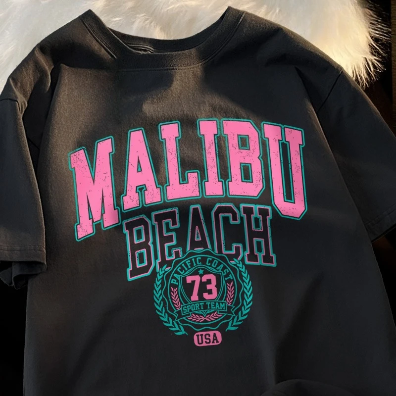 

Malibu Beach, простой женский топ с буквенным принтом, модная футболка, хлопковая свободная футболка, повседневная модная одежда с круглым вырезом, свободный топ
