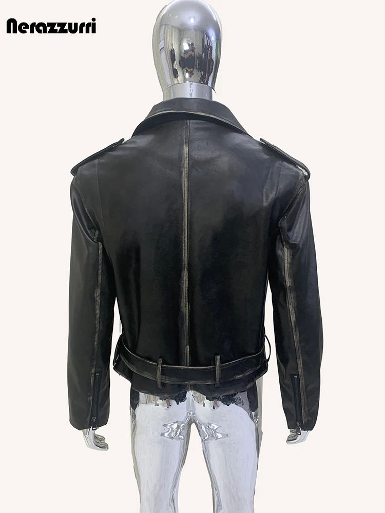Nerazzurri Autumn Cool Handsome Short Distressed Black Thick Warm Pu Leather Moto & Biker Jacket Men Luxury Designer Clothes