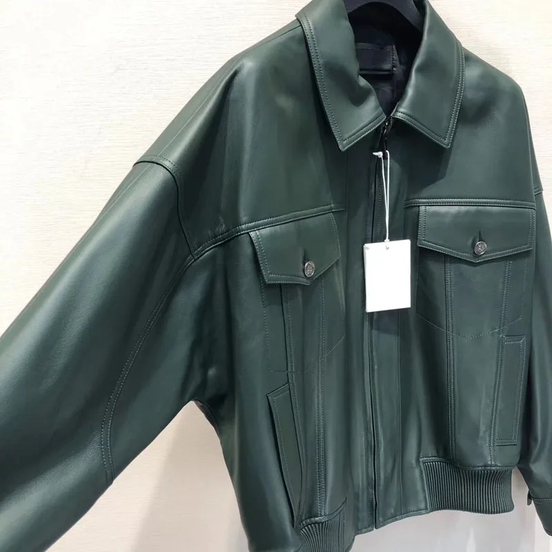 Men Coat Spring And Autumn 2024 New Fashion Short Length Genuine Leather Jacket Green Color Real Sheepskin Clothes