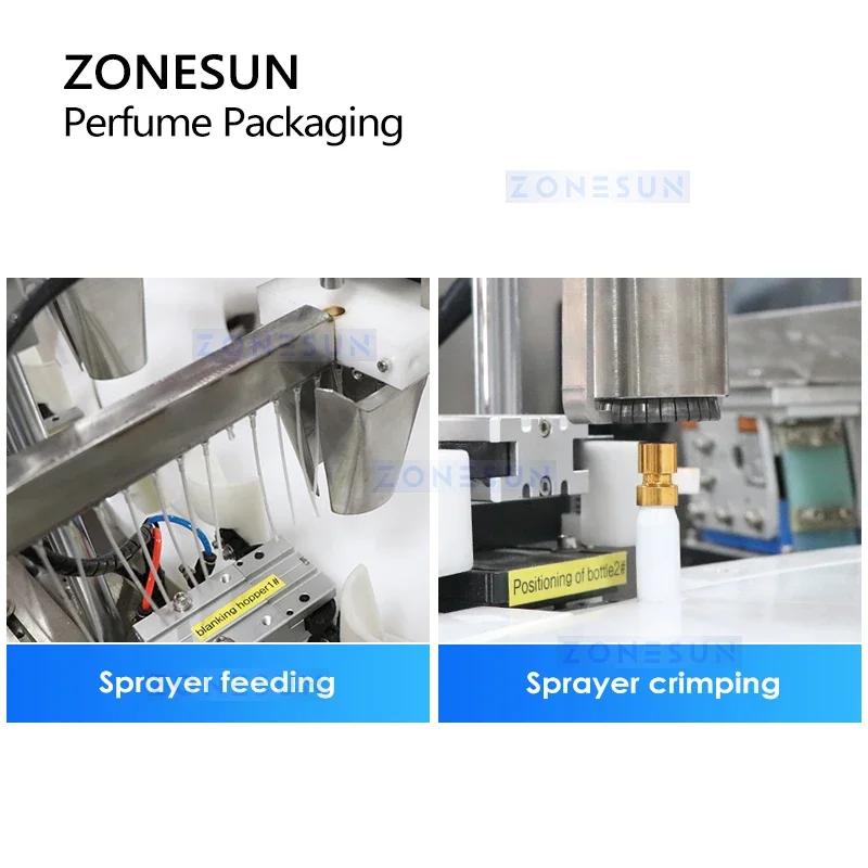 ZONESUN Tappatrice automatica per riempimento bottiglie di profumo Attrezzatura per imballaggio personalizzata Star Wheel Alimentatore per ciotole vibranti ZS-AFC21