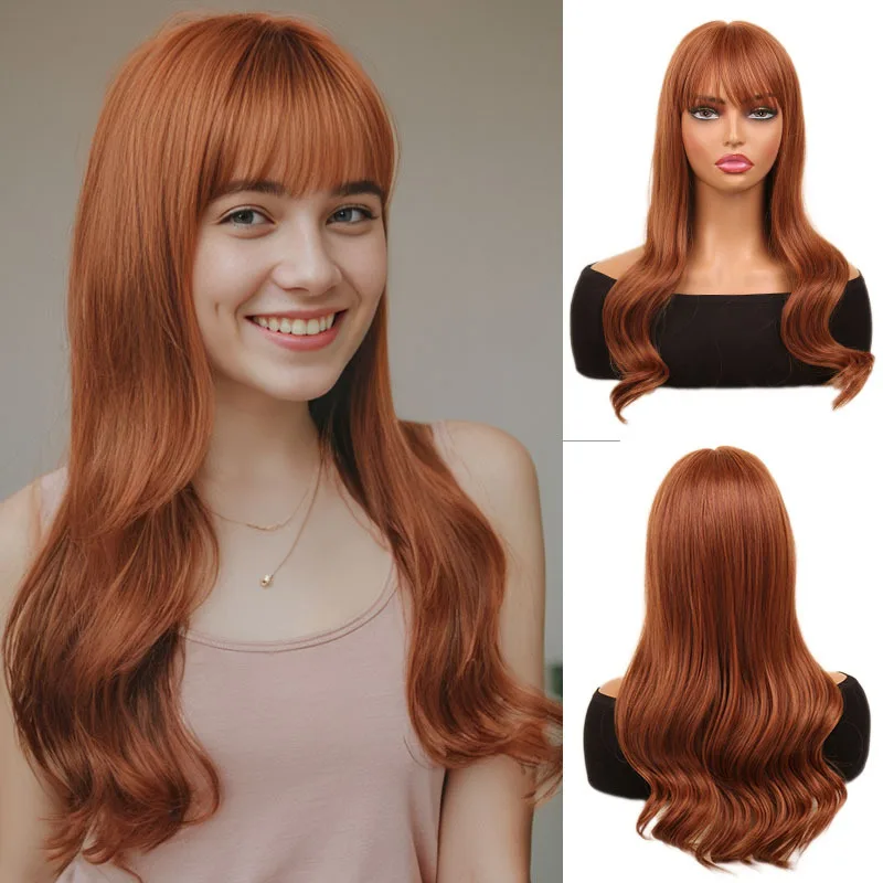 

Wig female high temperature silk dark brown fluffy big wavy long curly hair chemical fiber full head cover