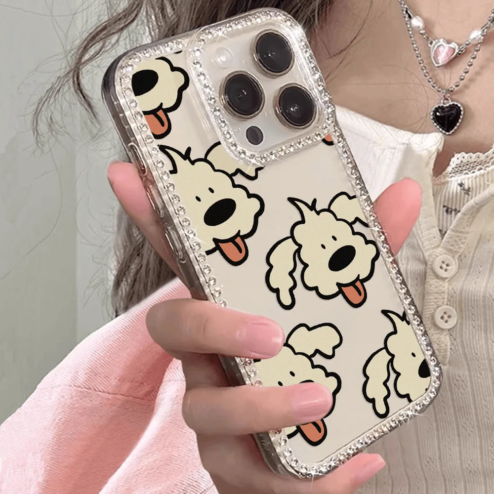 Cute Dog Glitter Bling Diamond Case For iPhone 17 Pro Coque iPhone 16 Pro Max 15 14 13 12 11 Pro Max 17 Air Clear Soft TPU Cover