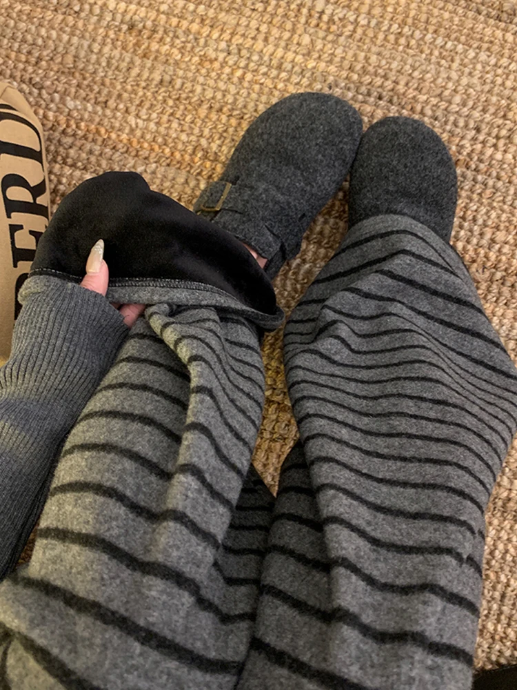 

Женские широкие брюки на флисовой подкладке для весны и осени, теплые, повседневные, в полоску, свободного кроя, прямые, спортивные