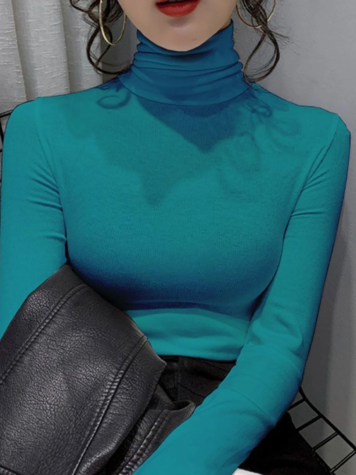 Faionable Thiened Fce Collo alto Lungo Sve Base irt T-shirt slim fit autunno inverno da donna Casual Sle Abbigliamento interno