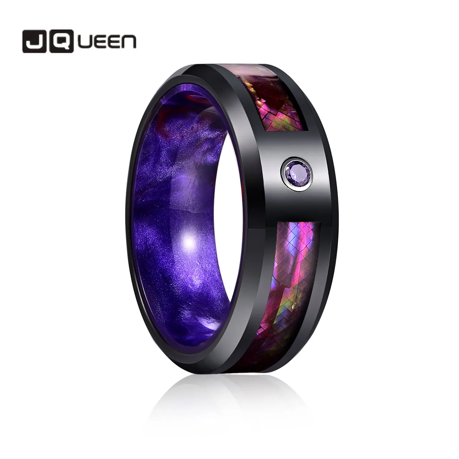 JQUEEN 8mm Tungsten Carbide Steel Ring Purple Zirconia Opal Ring inner Purple Resin Jewelry for Men Wedding Gift