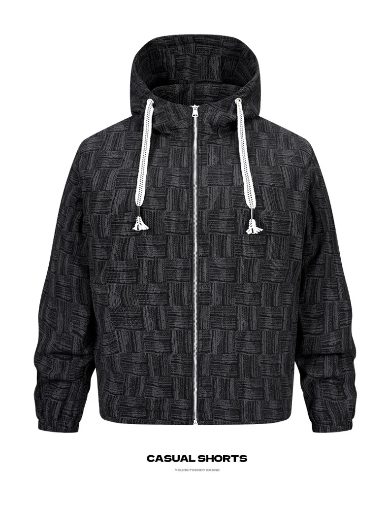 Light Beige Geometric Pattern Zip Front Hooded Jacket Adjustable Drawstring Breathable Windproof Outerwear For Mens Daily Outdoo