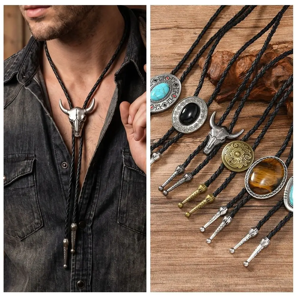 Ethnic Style Turquoise Stone Necklace Metal Drop Silver Western Cowboy Style Necklace Vintage Gold Leather Rope Necklace Men