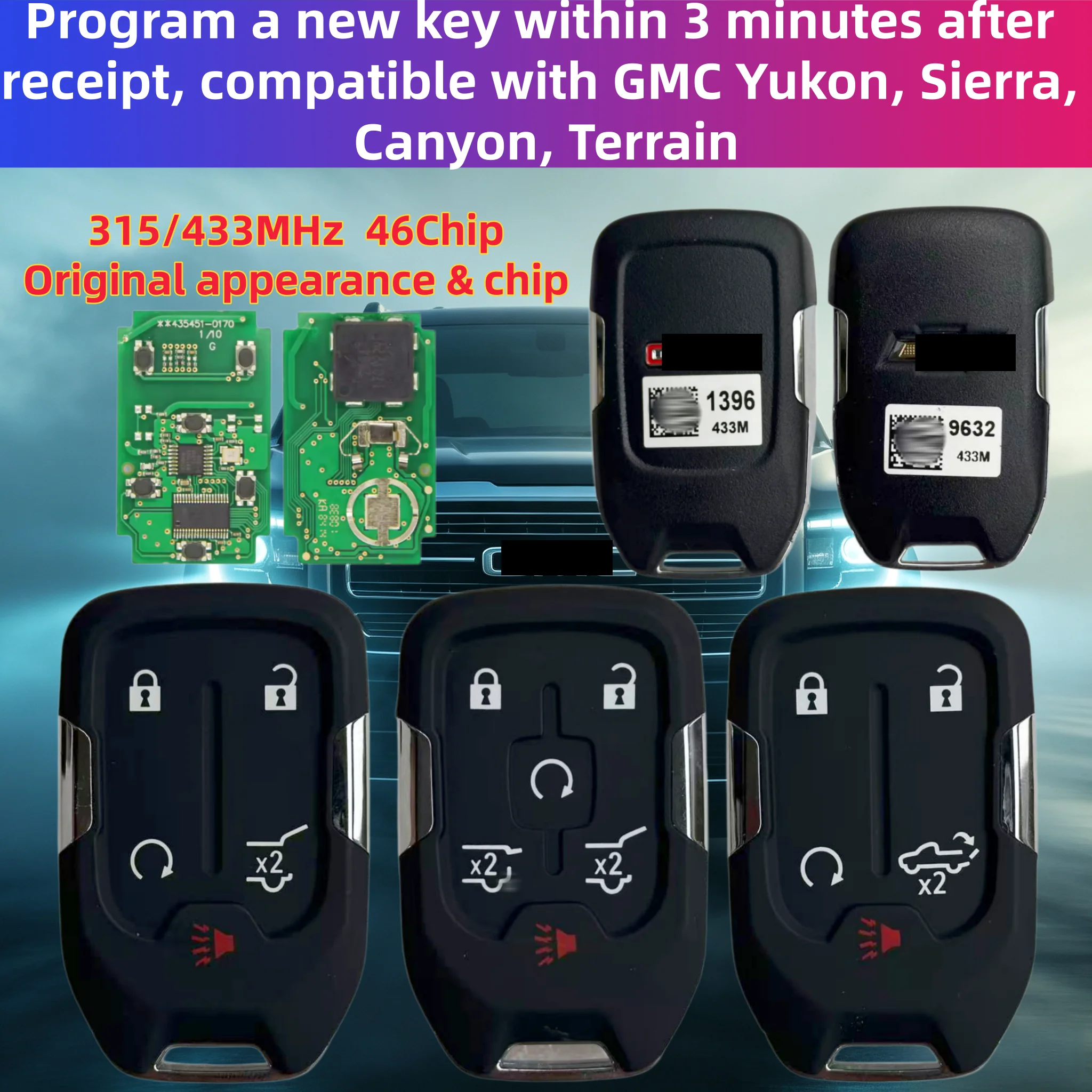 New key programmed within 3 minutes. For adding & matching Chevrolet smart keys. Compatible with GMC Yukon, Sierra, Canyon, Terrain. 315/433 MHz frequency, ID46 chip.
