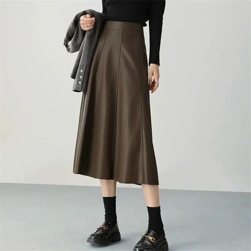 

Leather Skirt Women's Spring Autumn New Style Long Umbrella Skirts Female Fashion Wild A-line Pleated PU Leather Skirts Black