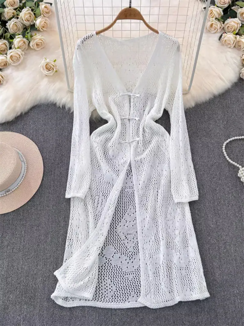 

Chinese Style Cape Button Up Long Sleeve Sun Protection Clothes For Women 2024 Summer Slim Fit Lace Tunic Dress Shawl Top K911