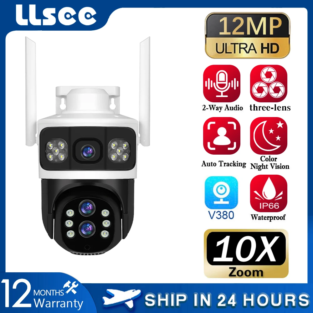 LLSEE V380, 12 MP, 10-facher optischer Zoom, 4G-SIM-Karte, CCTV-Wireless-WIFI, IP-Sicherheitskamera, wasserdichte Außenüberwachung mit Schwenk-/Neigefunktion 360