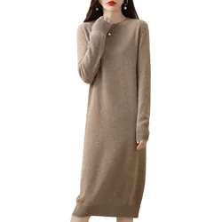 2022 Womens Winter 100% Wool Sweaters And Autumn Knitted Dresses Pullovers High Quality Soft  Warm Knee-Length Jumper S-XXL