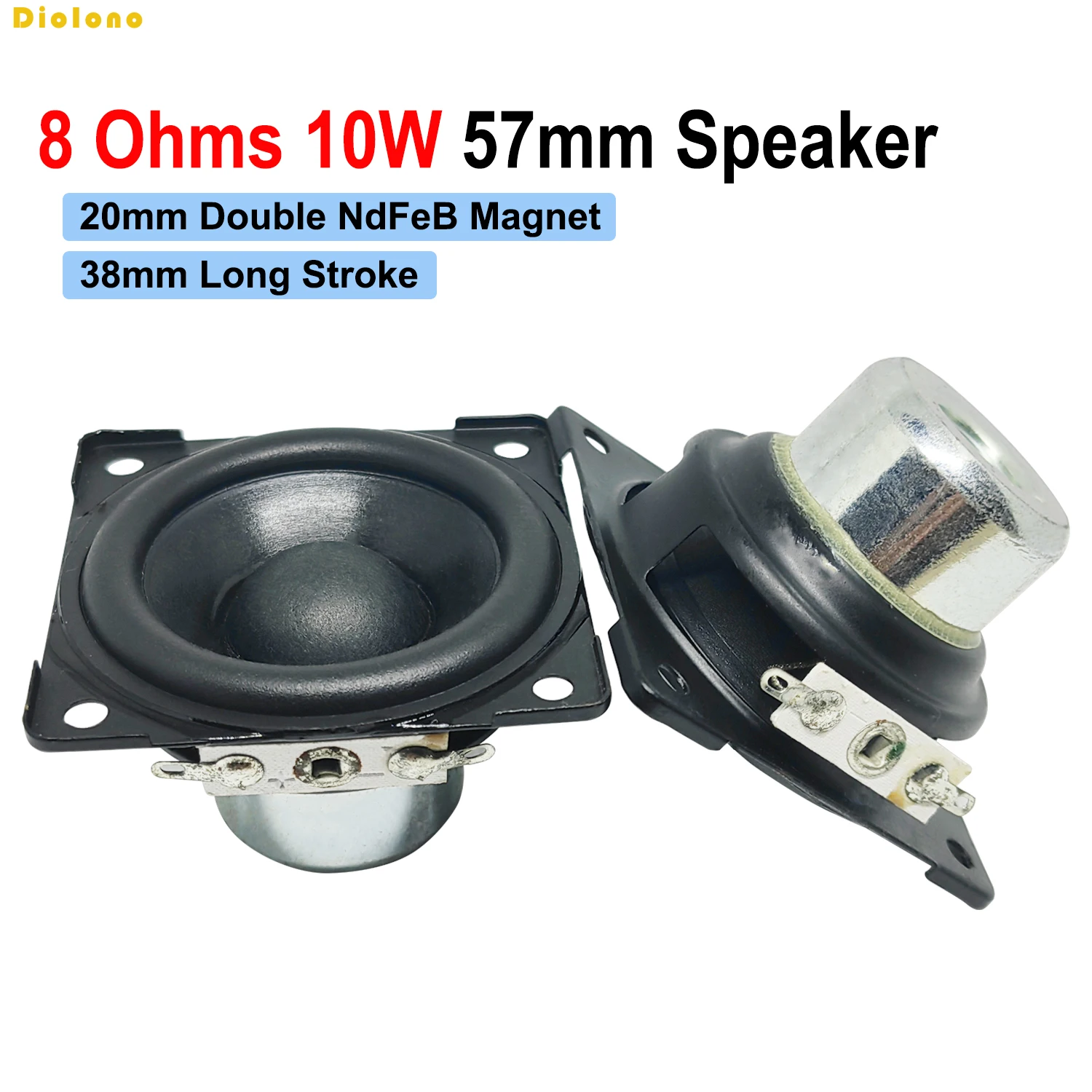 2pcs 8Ohms 10W 57mm Square 20mm Core Dual Neodymium Magnetic 38mm Long StrokeSpeaker 2 inch bluetooth Heavy Bass Loudspeaker