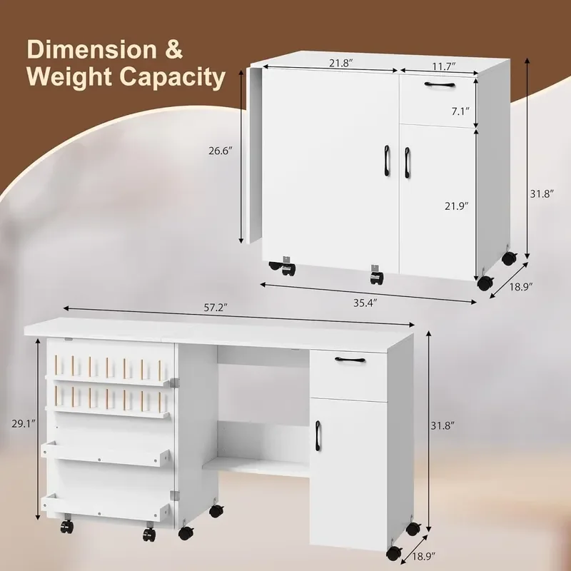Folding Sewing Machine Table with Storage Shelves and Sliding Drawer Craft Station with Lockable Wheels Rolling Side Desk for