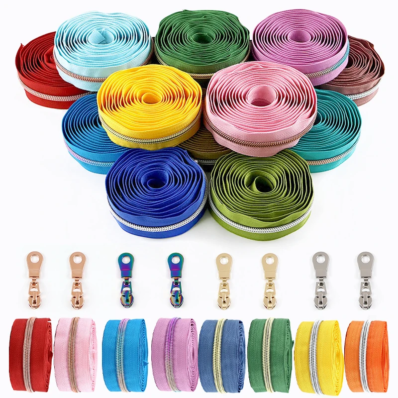3/5M 5# Colored Nylon Zippers Tape + Zipper Sliders Clothes Clousure Zip for Jacket Coat Zips Repair Kit DIY Sewing Accessories