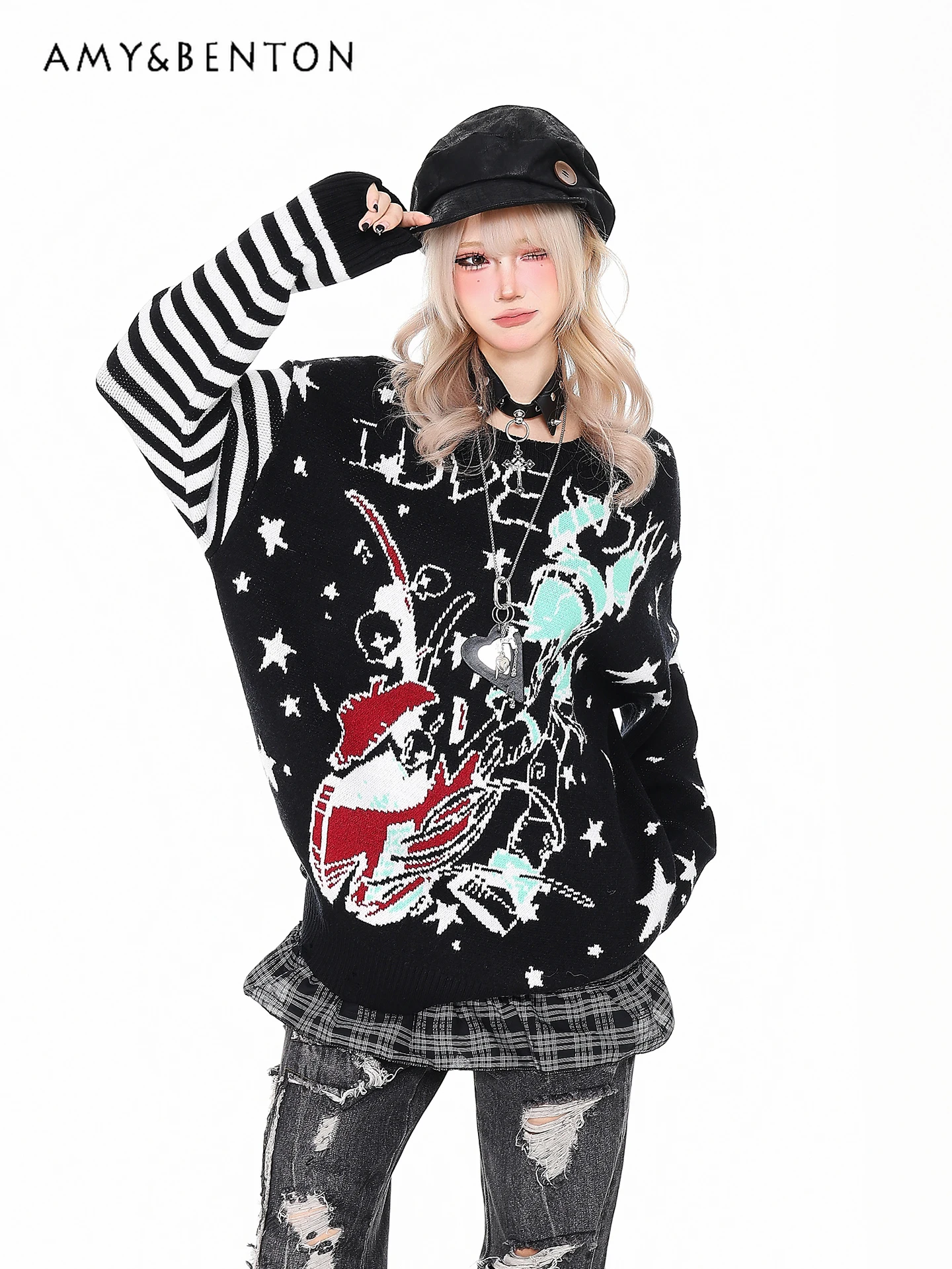 

Autumn Winter New Subculture Cartoon Embroidery Striped White Sweater Ladies Loose Casual Soft Black Knitted Sweater