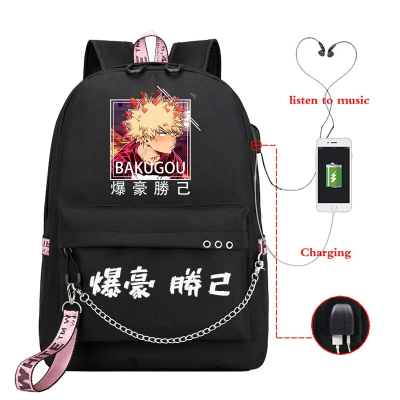 My Hero Academia Katsuki Bakugo USB Backpack Fashion MHA Deku Cosplay Bookbag Back to School Boys Girls Fans Bag Mochila