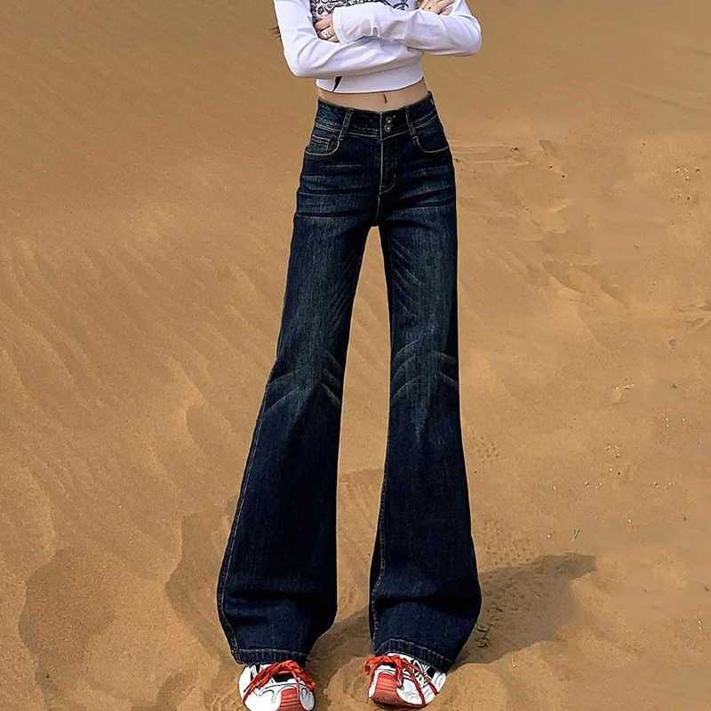 

2026 Spring American Micro Flared Jeans for Women Low Waist Straight Wide Leg Jeans Floor Mopping Trumpet Pants Denim Trousers