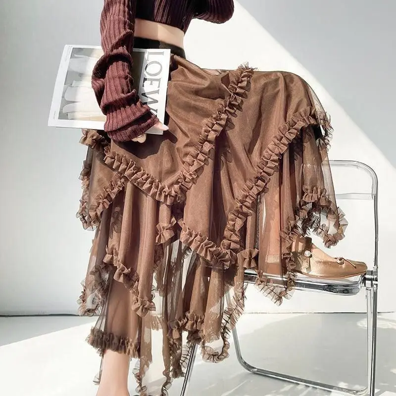 High Waist Asymmetrical Tulle Skirt Women's Spring 2026 New Style Gauze Cake Skirt Mid-Length A-Line Wooden  Bows