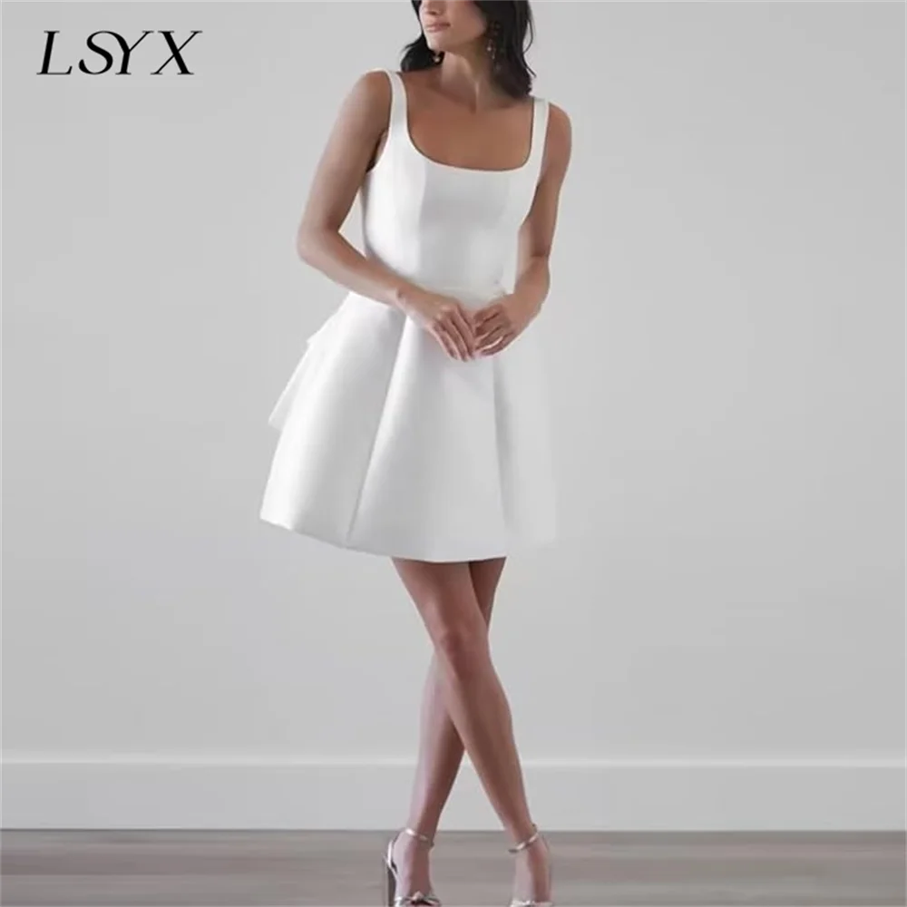 

LSYX Square-Neck Sleeveless Bow Satin Mini Wedding Dress For Women A Line Open Back Above Knee Short Bridal Gown Custom Made