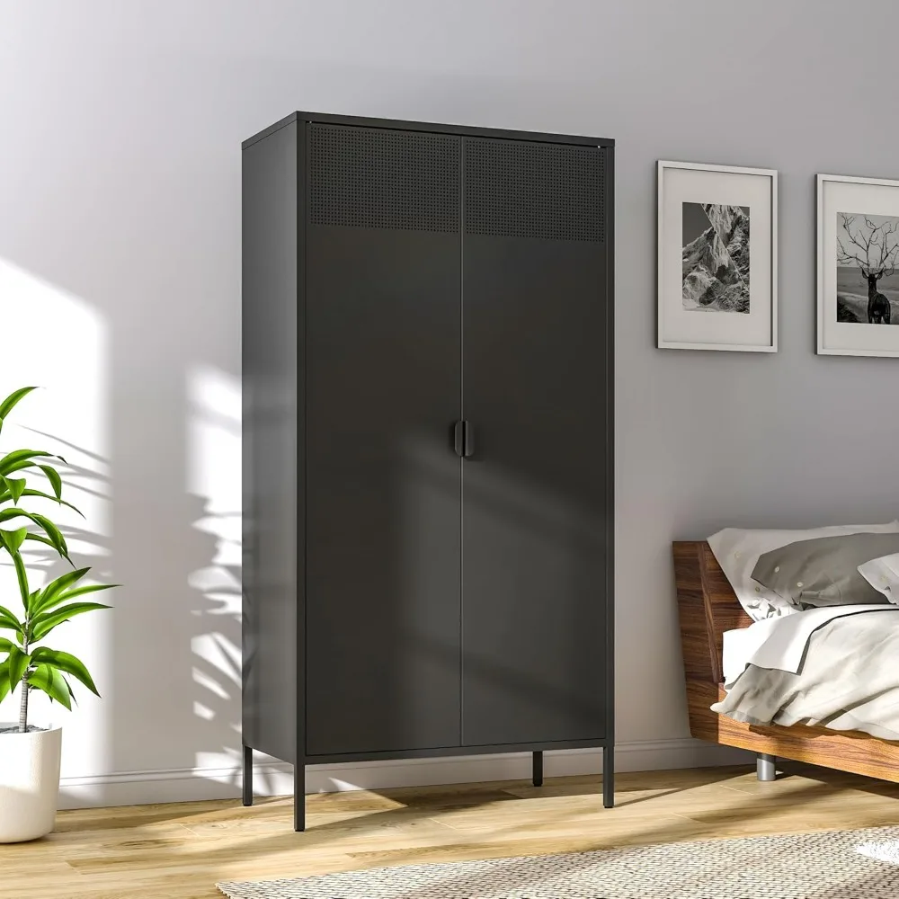

Metal Storage Cabinets Locker with Hanging Rod and Adjustable Shelves, 71'' Clothing Steel Storage Wardrobe for Home & Office, S