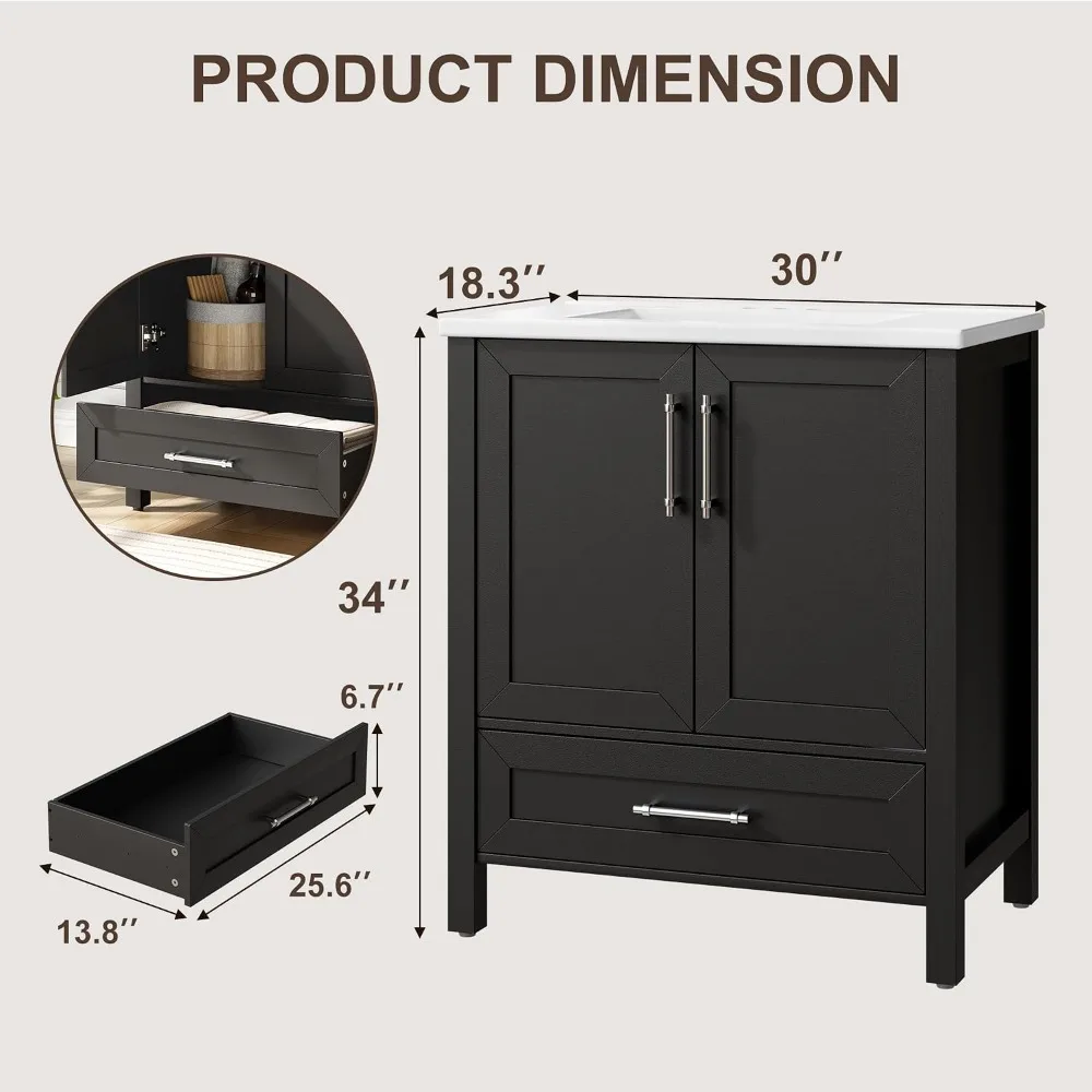 36 in Freestanding Bathroom Vanity with Sink, Bathroom Cabinet Storage