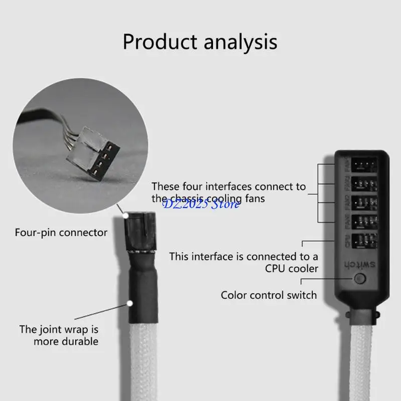 

Q6RC Рукала Splitter Splitter вентилятора Splitter со светодиодным переключателем RGB, вентилятор CPU Motherboard 4PIN Hub