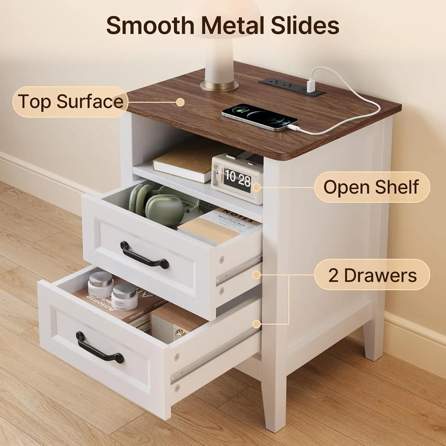 Farmhouse Nightstand Set of 2 with Charging Station, White End Table with 2 Drawers & Open Shelf, Wood Bedside, Customized - view 4