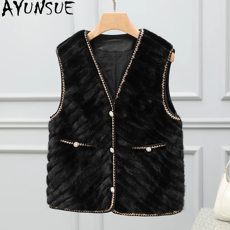 

AYUNSUE Mink Fur Coat Woman Short Black Fur Coats for Woman Winter 2025 Sleeveless Fur Outerwears Women Clothes Pelzmantel Damen