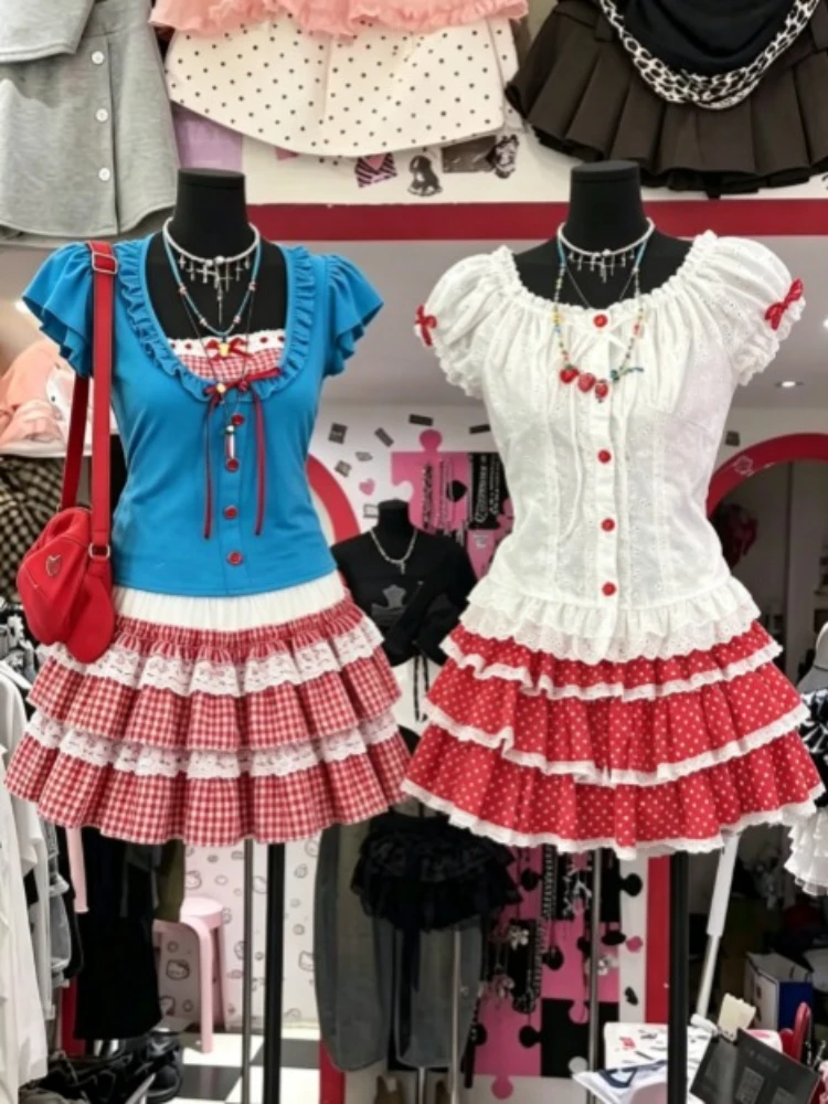 Japanese Sweet 2 Piece Matching Sets Female Y2k Crop Blouse Mini Skirts Retro American Casual Holiday Outfit For Young Ladies