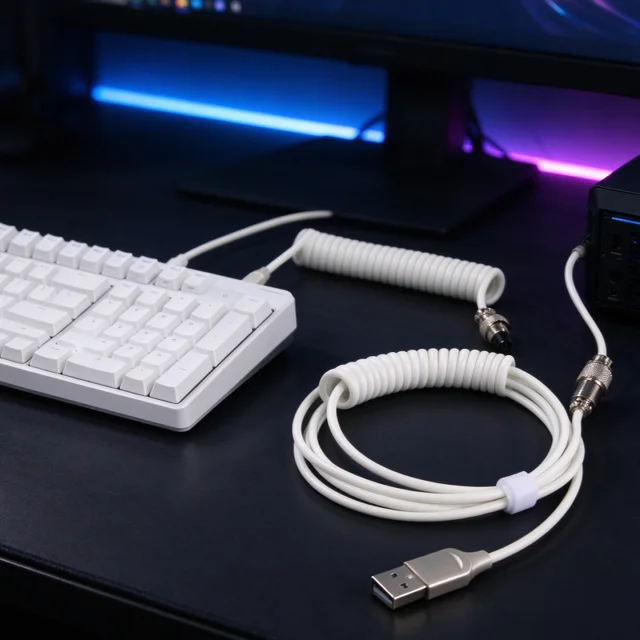 Novo cabo para teclado mecânico com design de bobina, com design de tubo duplo removível, conector metálico de 5 pinos, tipo C para tipo A, adequado para