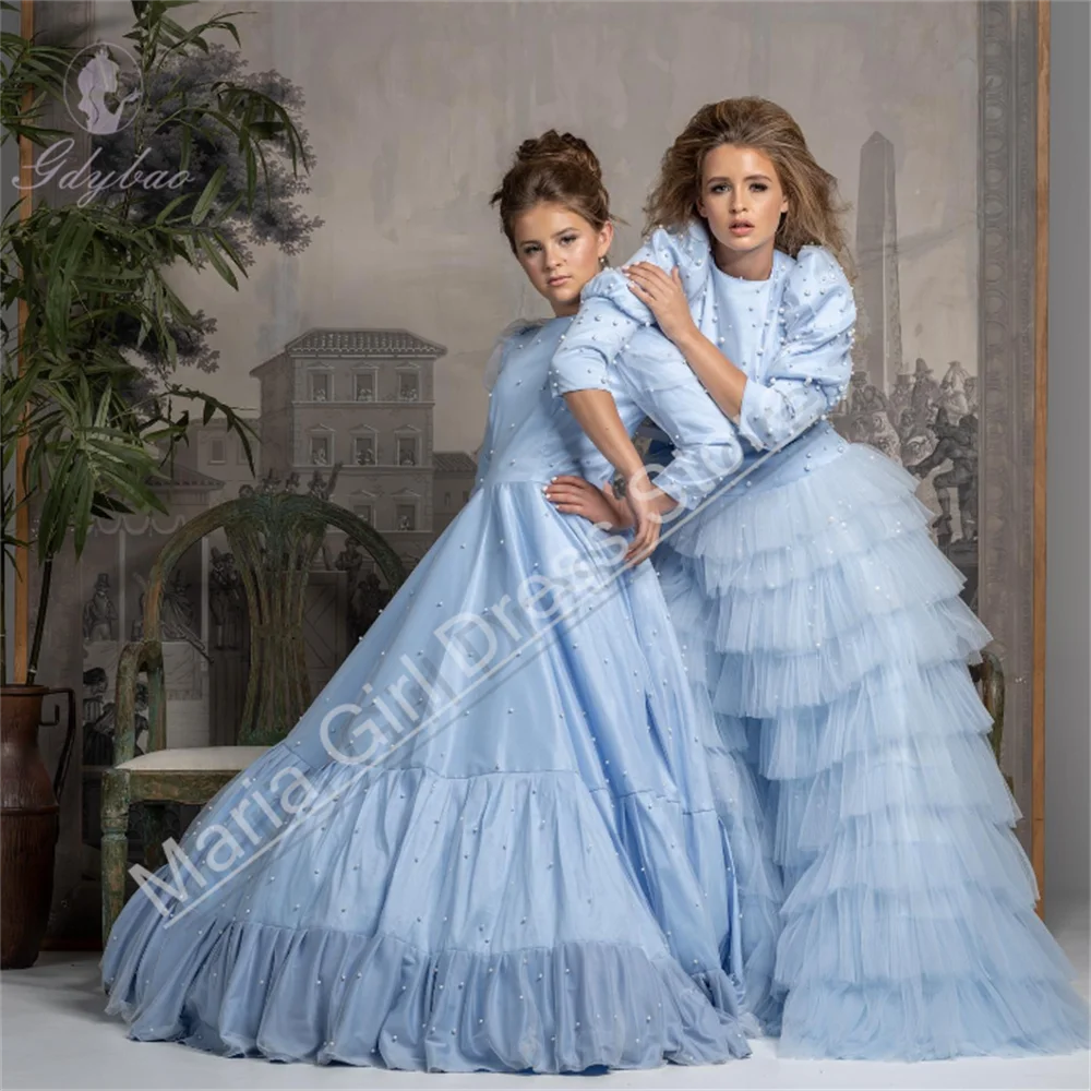 

Голубое детское платье на день рождения для девочек на заказ с бисером, подходящее для свадеб, подружек невесты, официальных мероприятий