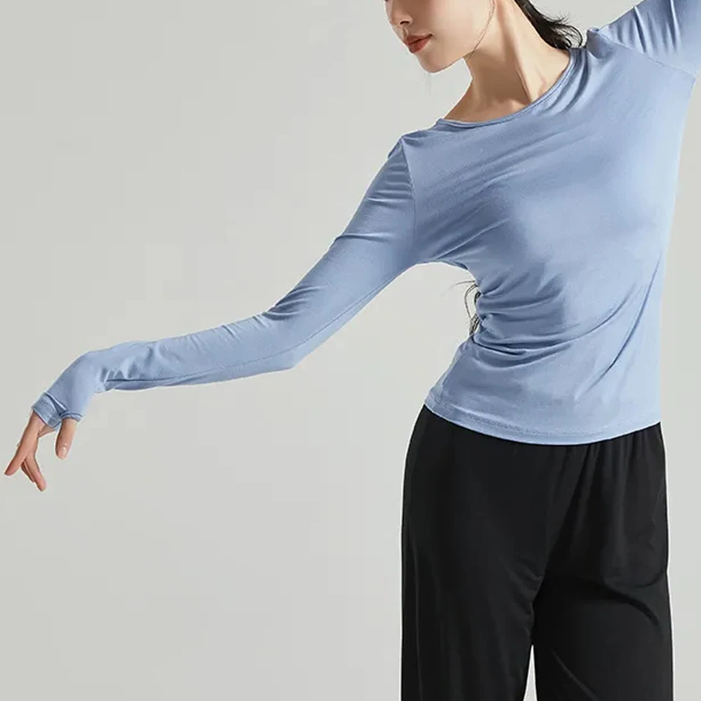 

O Neck Full Sleeve Tops Female Vintage Clothes Black Yoga Slim Stretch Shirts Sporty Gym Modern Dance T Shirt Women Clothing