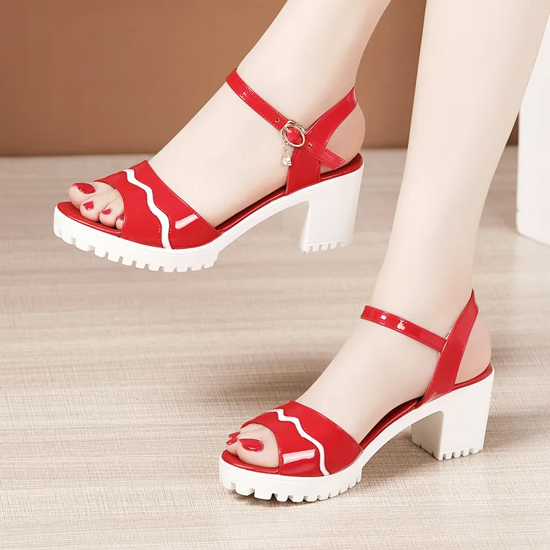 High quality summer leather sandals for women 6cm mid heel 2024 size 32 33 42 43 platform open toe elegant shoe black red white