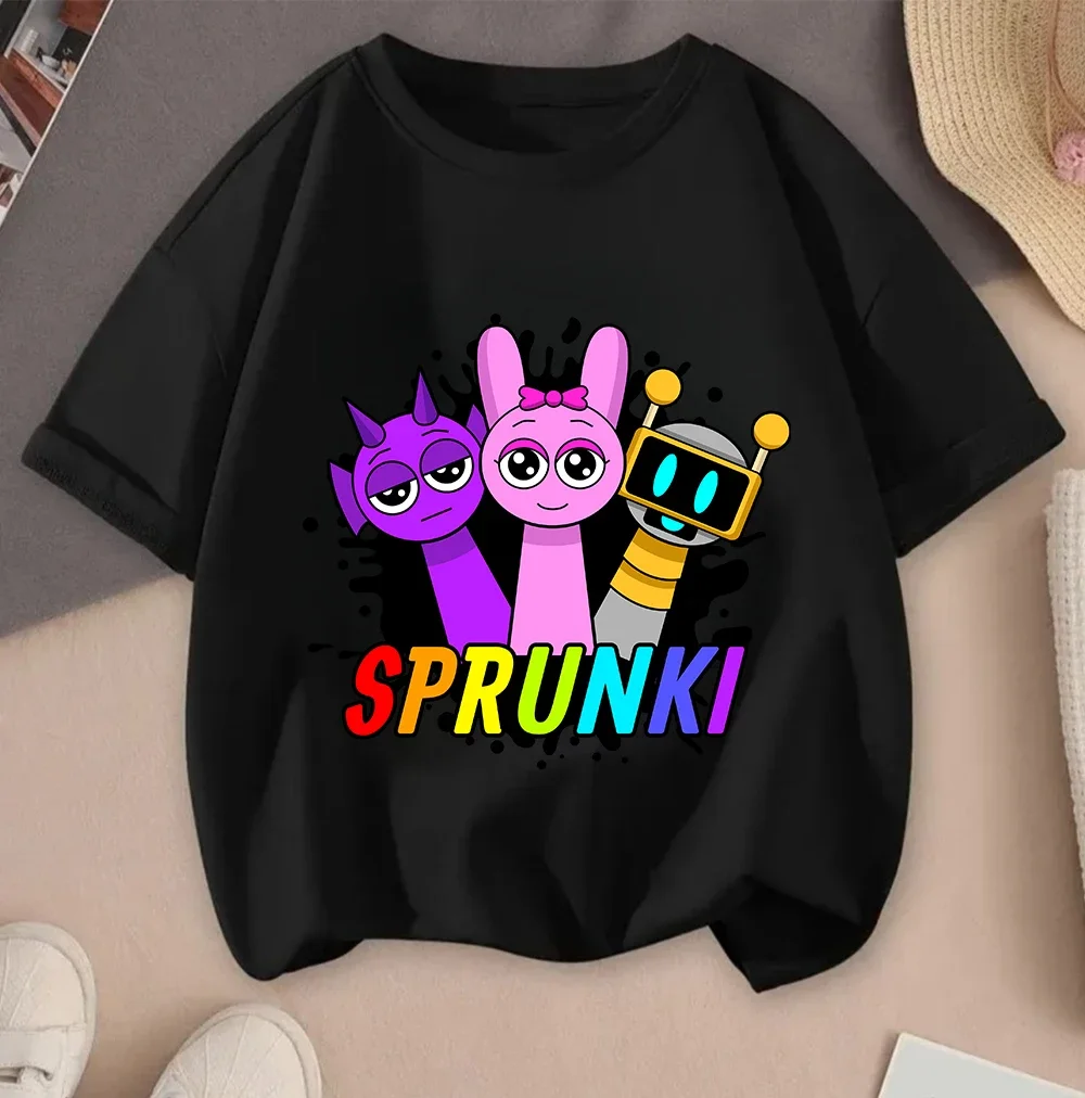 

Летняя футболка Sprunki для мальчиков и девочек, повседневная уличная одежда с милым мультяшным принтом и круглым вырезом для детей от 3 до 14 лет