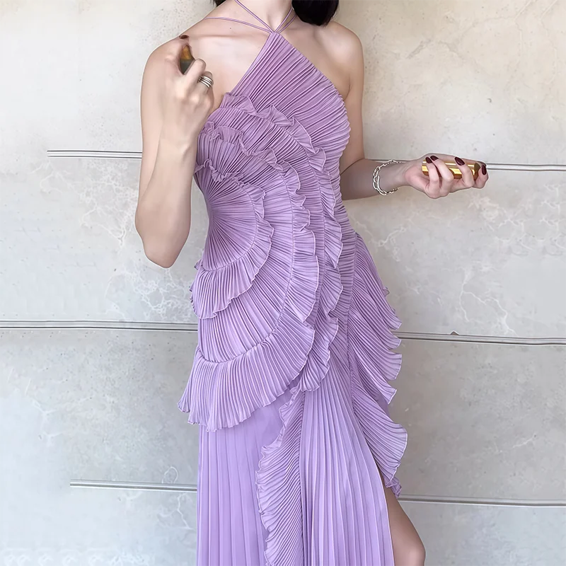 الصلبة الطبقات كشكش الرسن فساتين عارية الذراعين أكمام المرأة سليم صالح عالية الخصر المرقعة ماكسي رداء الصيف حزب ثوب مسائي