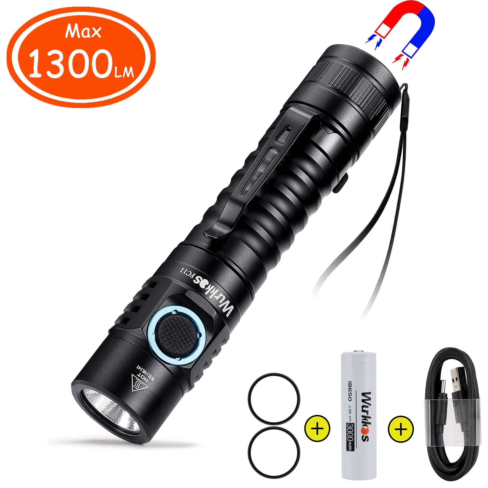 Wurkkos FC11 USB C Rechargeable 18650 LED Flashlight 1300LM LH351D 5000K 90 CRI with Magnetic Tail 2 Groups