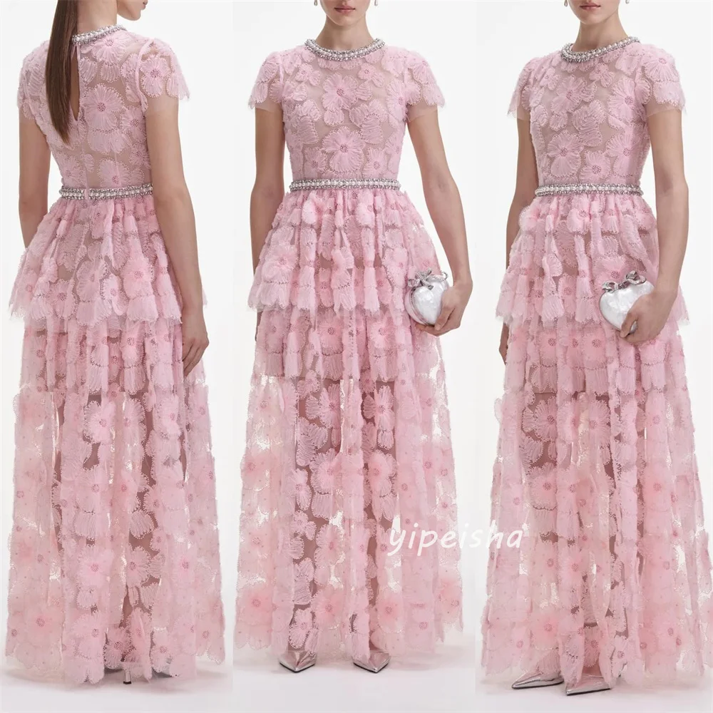 Customized Pink Luxury Intricate Flower Beading Rhinestone Pearl A-line Sash A-line Scoop Neck Long Dresses Evening Dresses Sexy image 2