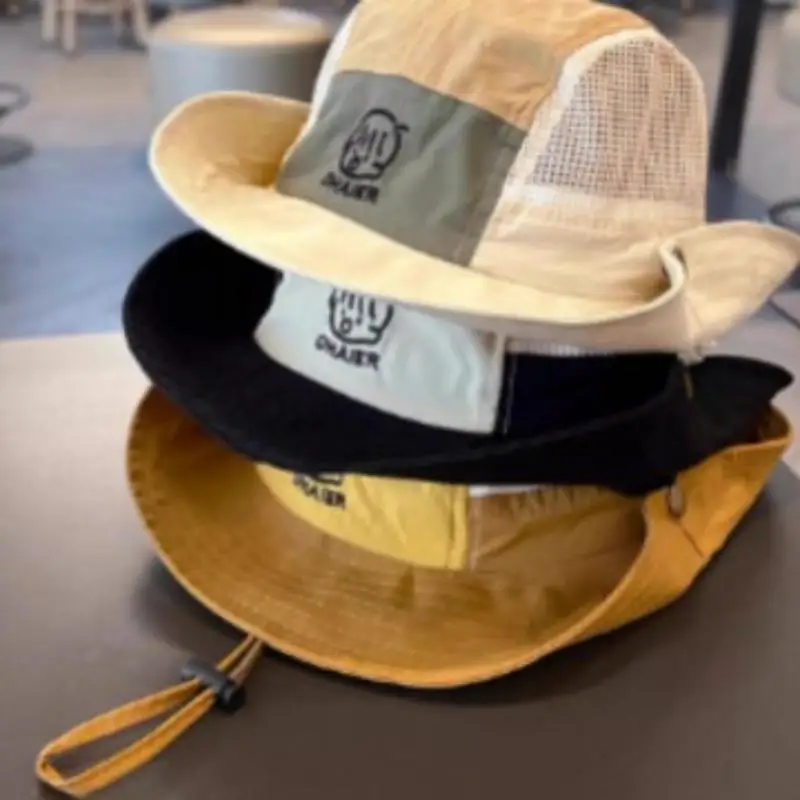 New Quick Drying Kids Bucket Hats Wide Brim Thin Drawstring Basin Cap Mesh Hat