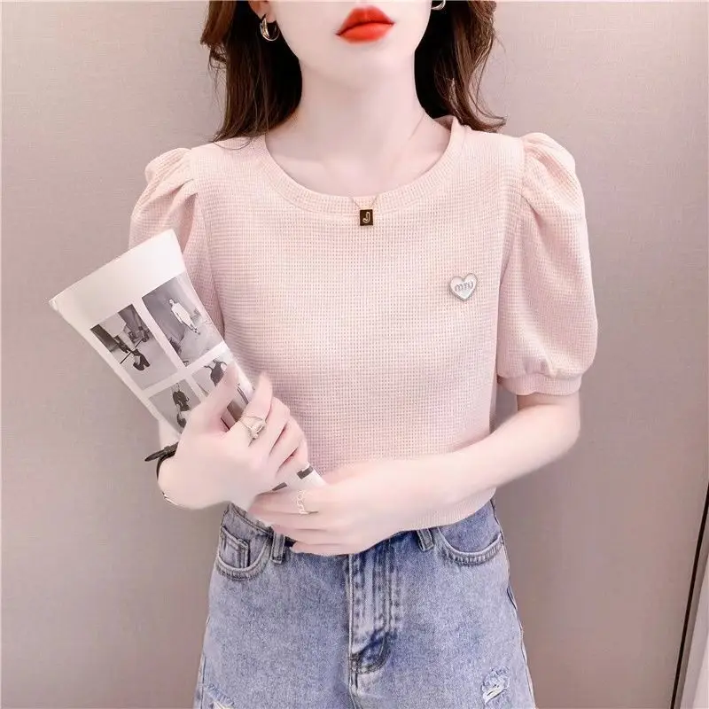 Waffle Bubble Sleeves Short Sleeved T-shirt Women\'s Summer New Fashion Solid Round Neck Print Patchwork Korean Simple Thin Top