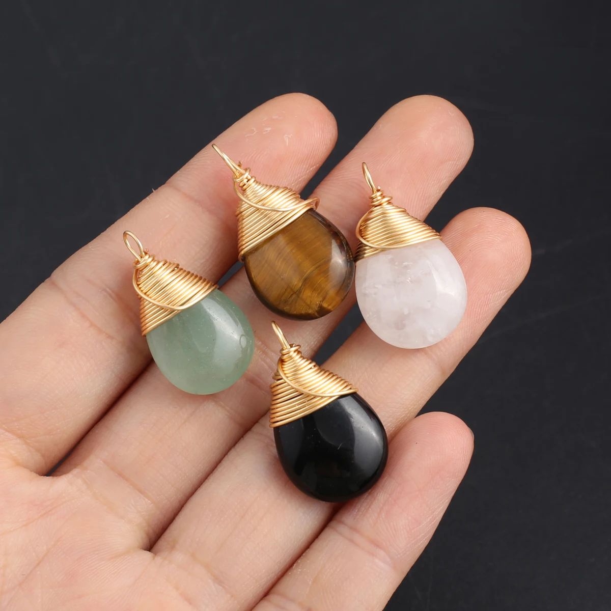 

10PCS Natural Stone Tiger Eye Stone Green Aventurine Clear Quartz Droplet Shape Pendant DIY Making Necklace Accessories Gift