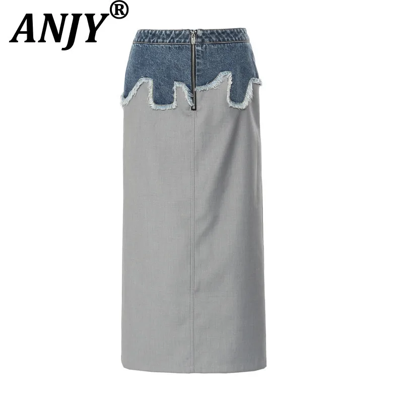 

ANJY 2022, осенняя новинка, женская шикарная персонализированная лоскутная джинсовая прямая юбка, элегантная сращенная контрастного цвета A14052
