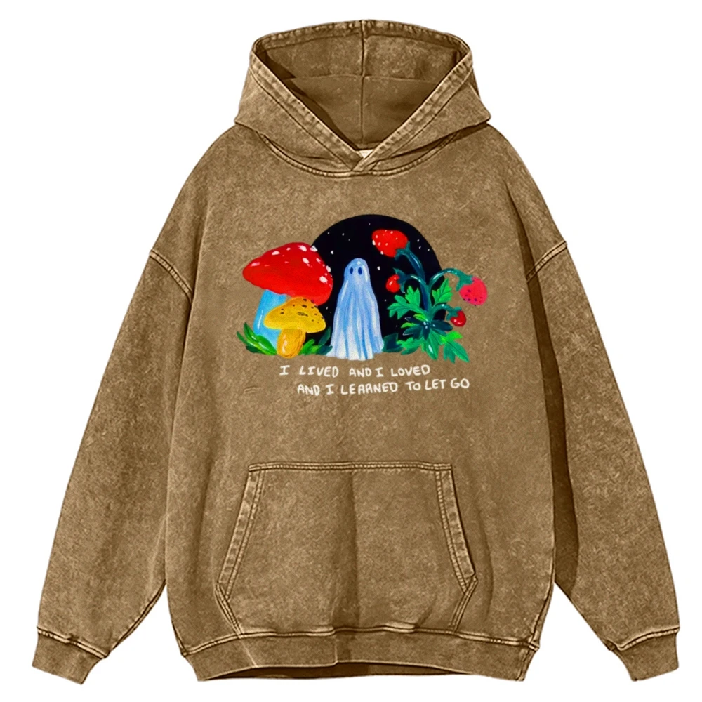 Sudadera con capucha Vintage lavada, suéter con estampado de setas, fresas y fantasmas, hombros descubiertos, sudadera de alta calidad