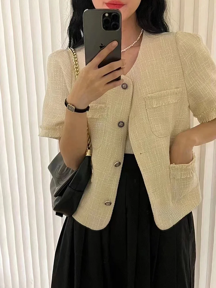 

Ele ort Coat Women's Fraance Sle Thin Single Button Suit Casual round Ne ort Sve Top Faionable Versatile