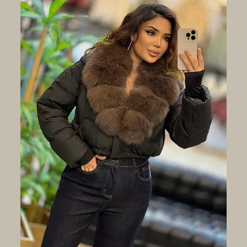Women Detachable Large Faux Fox Fur Collar Coat Loose Baggy Thick Warm Padded Bubble Jacket Fashion Cozy Streetwear Outerwear