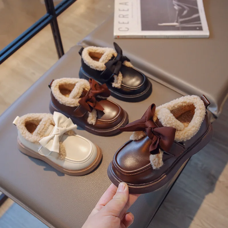 Children Plush Small Leather Shoes Winter New Warm Cotton Shoes Thick Sole Bowknot Girls Shoes Toddler Casual Shoes Kids Loafers