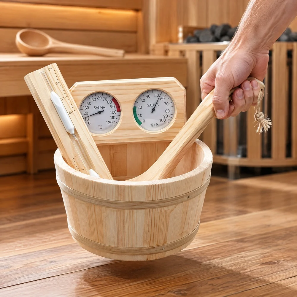Round-Form Sauna Bucket Built from Homogeneous Wood Material with Integrated Single Handle for Structural Integrity