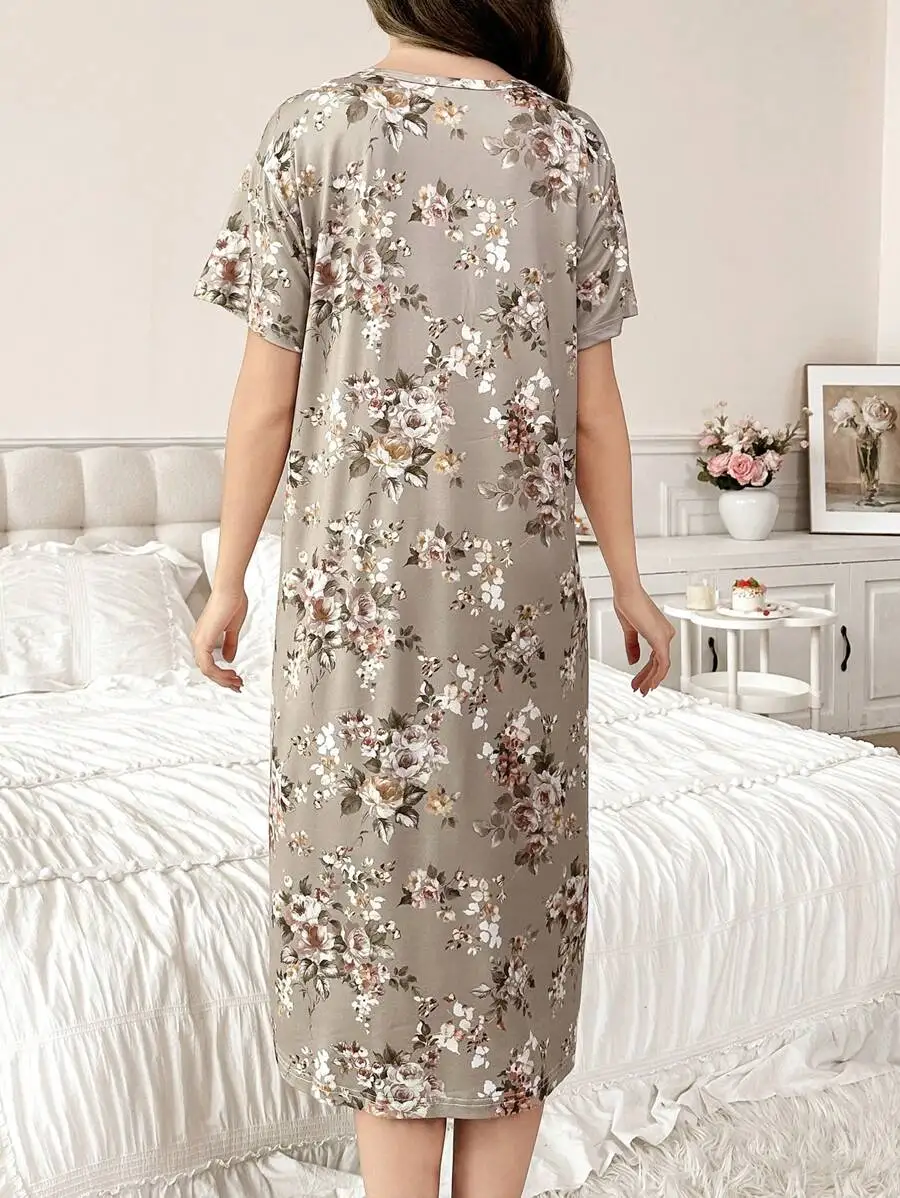 Women Round Neck Short Sleeve Floral Print Casual Nightgown Summer Sleepwear