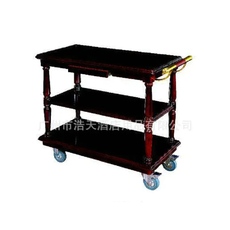 Wooden hand push three-layer service cart, movable hotel luxury food delivery cart, wine cart